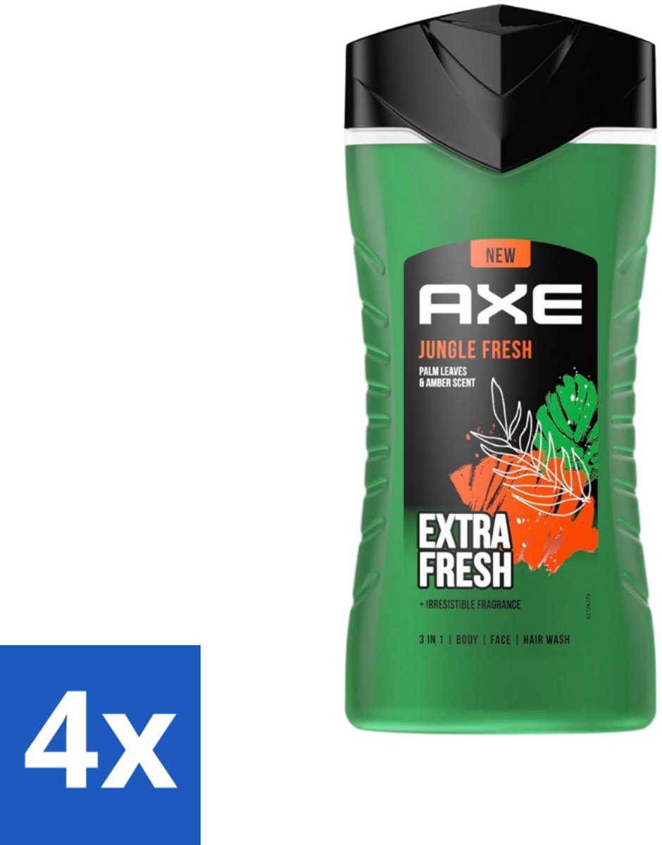 Axe - 3-in-1 Douchegel - Jungle Fresh - Palm Leaves & Amber - Extra Fresh - 250 ml - Voordeelverpakking - 4 stuks