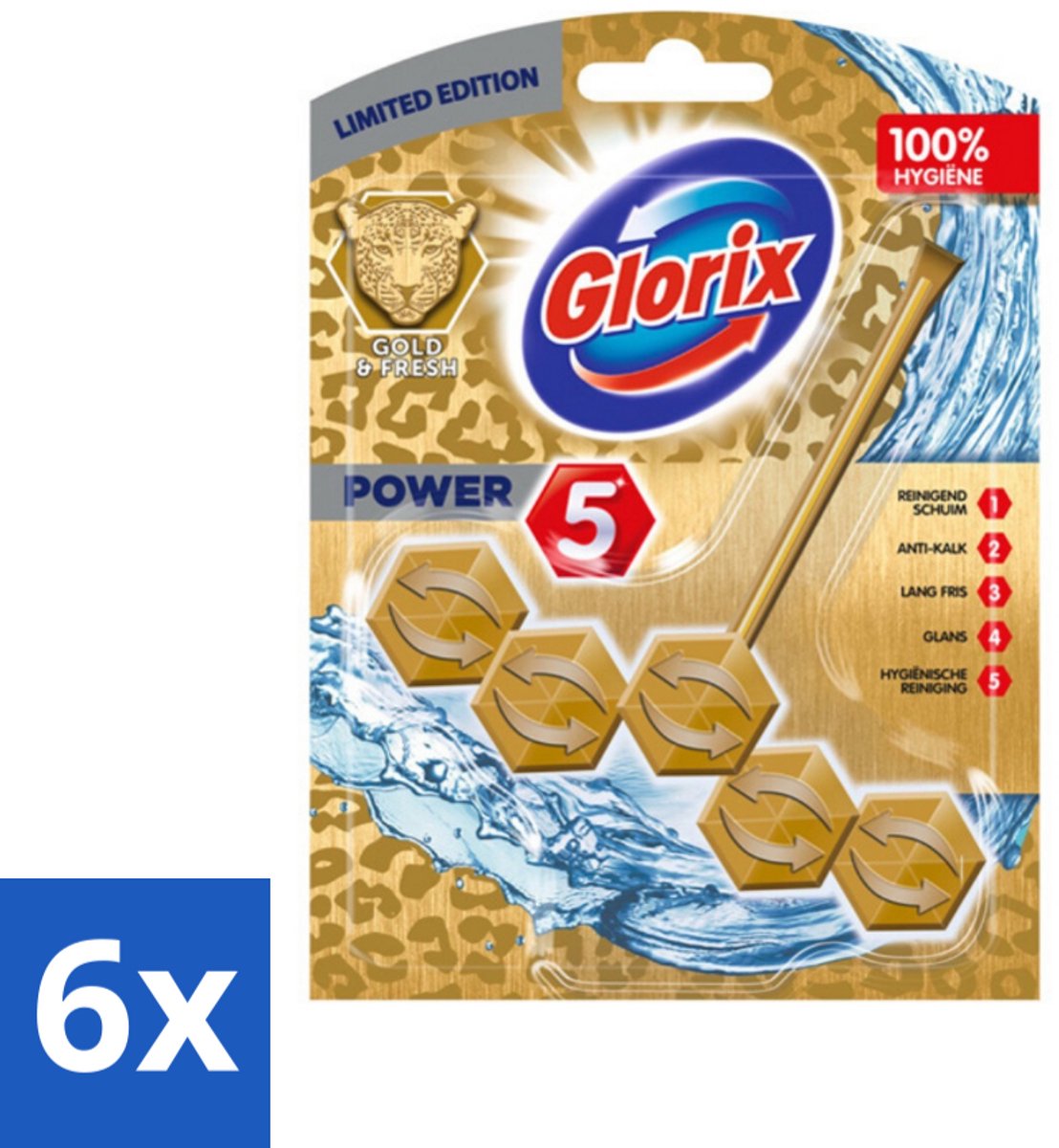 6 x Glorix - Power 5 - Toiletblok - Gold & Fresh - Limited Edition - Langdurige Frisheid - 1 Blok - Toiletblok - Toilet Schoonmaak - Langdurige Frisheid - Anti-kalk - Luxe Geur