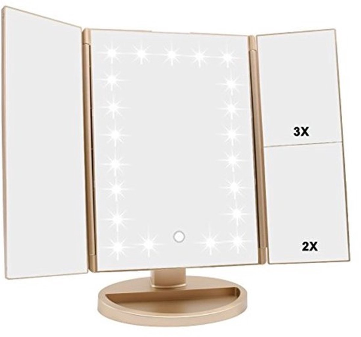 Drievoudige Verlichte Make-upspiegel met 3x/2x/1x Vergroting en 180 Graden Rotatie