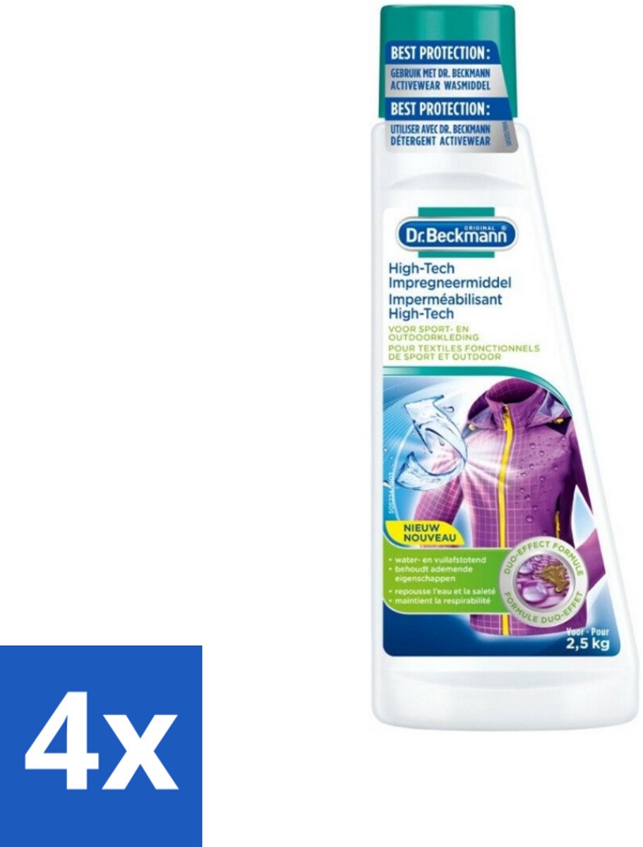 4 x Dr. Beckmann - High Tech Impregneermiddel - Sport- & Outdoorkleding - Witte en Gekleurde Was - 2.5 KG - Sportkleding Impregneren - Outdoor Kleding Impregneren - Waterafstotend Middel - Vuilafstotend Middel - Kleding Beschermen