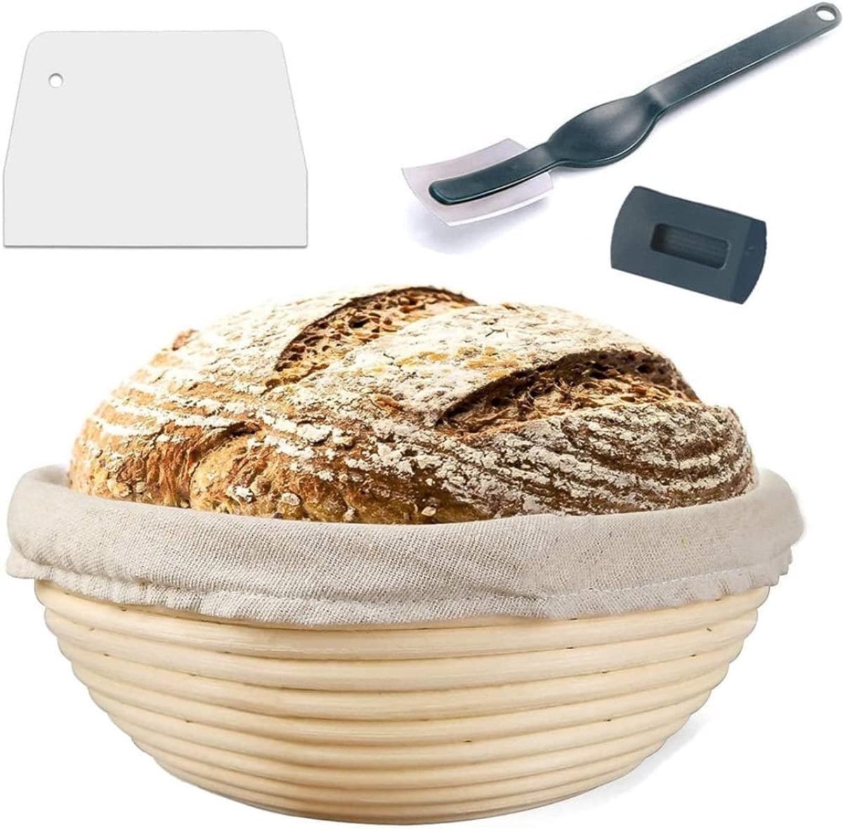 Klarven® Rijsmandje Beige - Rijsmandje Zuurdesem Broodbakken - Linnen Inzet Voorkomt Vastplakken, Inclusief Deegspatel En Broodmes - Rond Ø 26 x H 9 cm