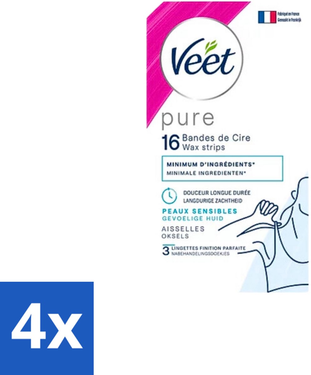 4 x Veet - Ontharingsstrips - Oksels - Hypoallergene Minima - 16 Strips - Ontharingsstrips - Oksels - Gladheid - Zachtheid - Gevoelige Huid