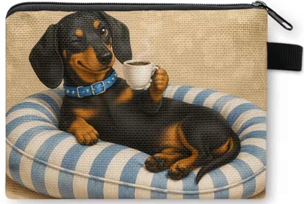 Gemakkelijk om erbij te hebben, dit handige rits portemonneetje 10x14cm. Een mooie afbeelding van een hond die van zijn koffie geniet. Erg leuk om voor jezelf te kopen of om cadeau te geven. Ook leuk bij Sinterklaas, Kerst of vakantie.