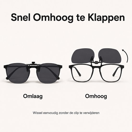 Demonstratie van het opklapmechanisme van de zwarte clip-on zonnebril: omlaag en omhoog, makkelijk te wisselen zonder de clip te verwijderen.