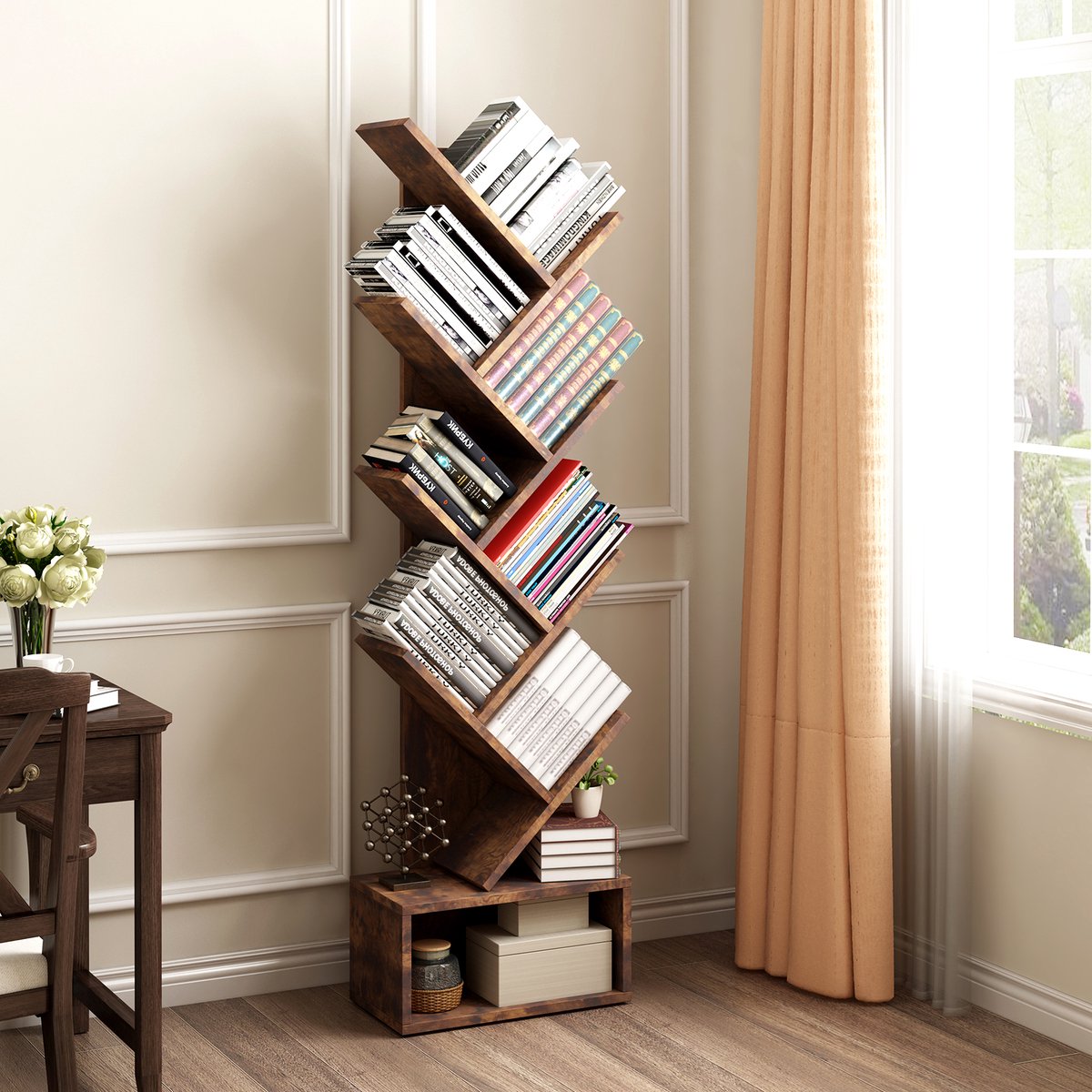 Boomvormige Boekenkast 7 Lagen - 38x20.5x130.8cm - Opbergkast Onder - Decoratieve Boekenkast - Ruimtebesparend - Voor Woonkamer Slaapkamer Kantoor - Bruin