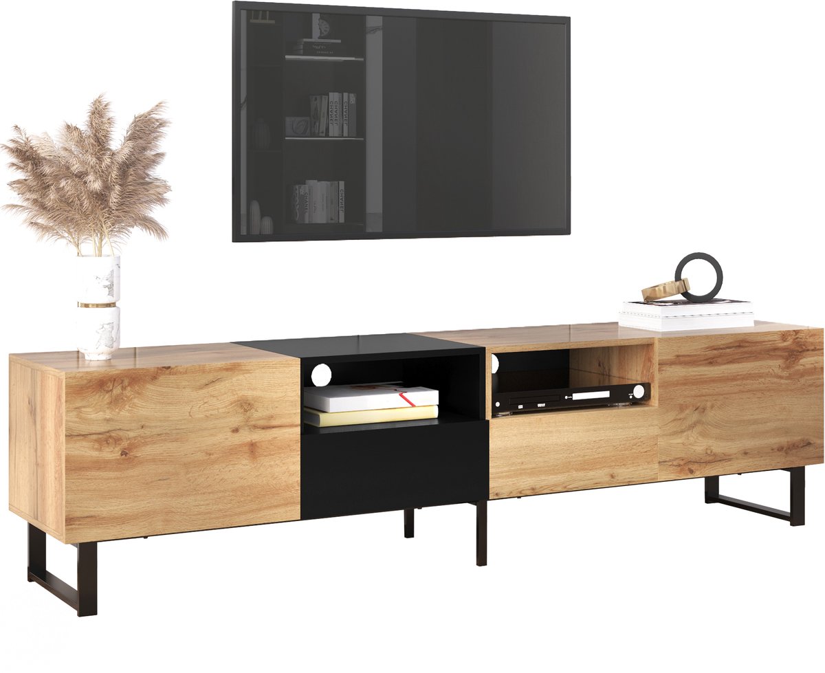 TV Meubel - 190 cm Met 2 Deuren En 2 Lades Modern - Hout en Zwart