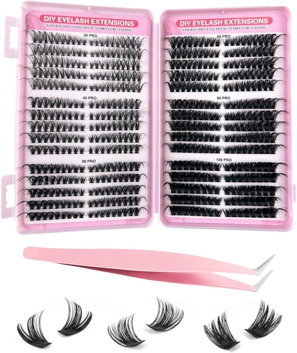Cluster Wimperextensions Set van 600 Stuks met D Curl, Inclusief Pincet - Ideaal voor Thuisgebruik en Beginners, Perfect voor Natuurlijke Wimperlook en DIY Wimperextensions