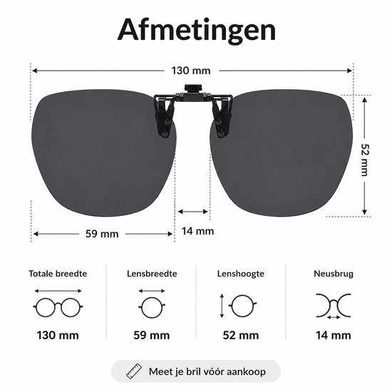 Afmetingen van de zwarte clip-on zonnebril: totale breedte 130 mm, lensbreedte 59 mm, lenshoogte 52 mm, neusbrug 14 mm.