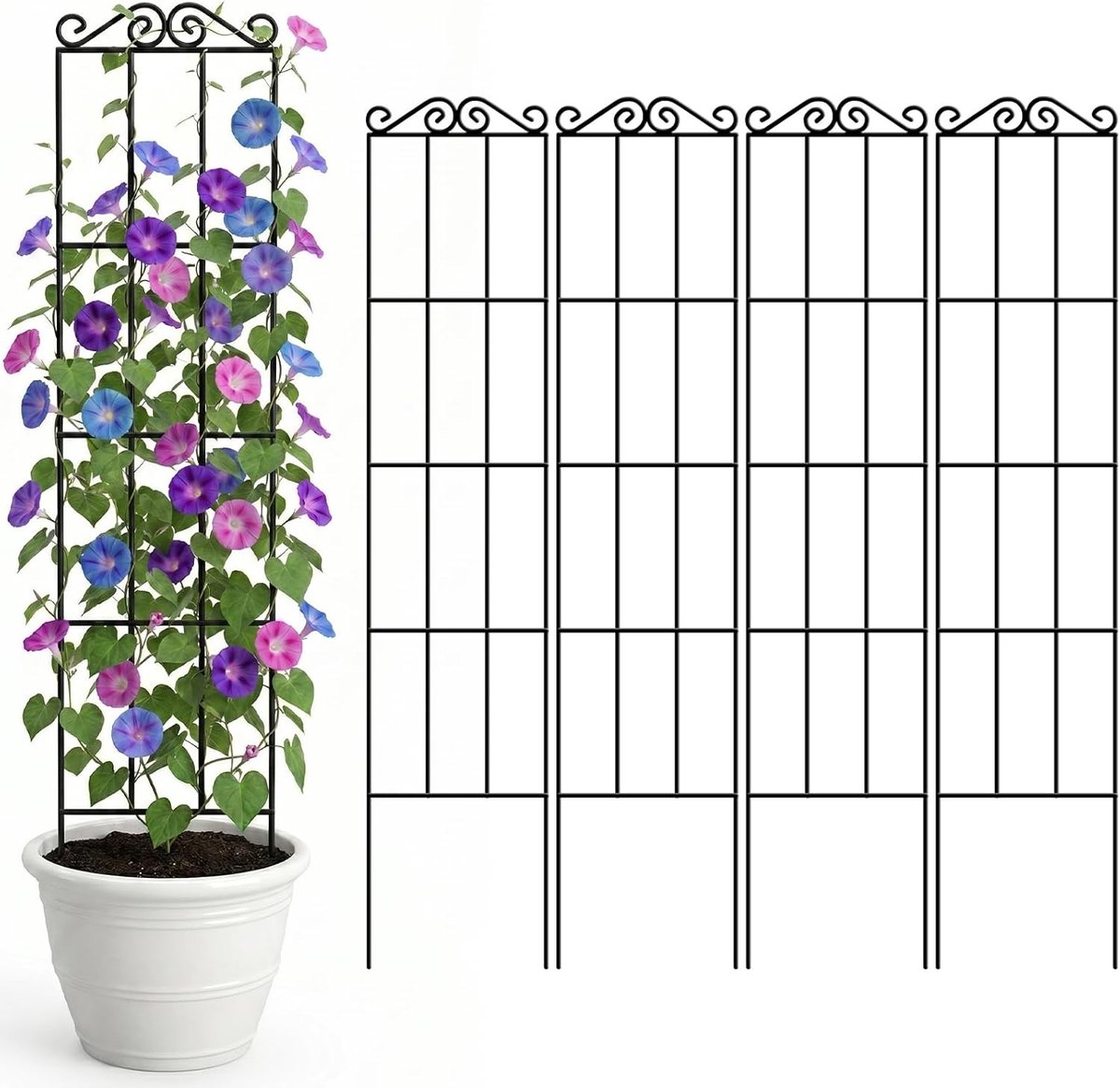 Stabiele metalen tuinrooster van 147 cm voor klimplanten, set van 4, ideaal voor potplanten en klimmende wijnstokken, zwart
