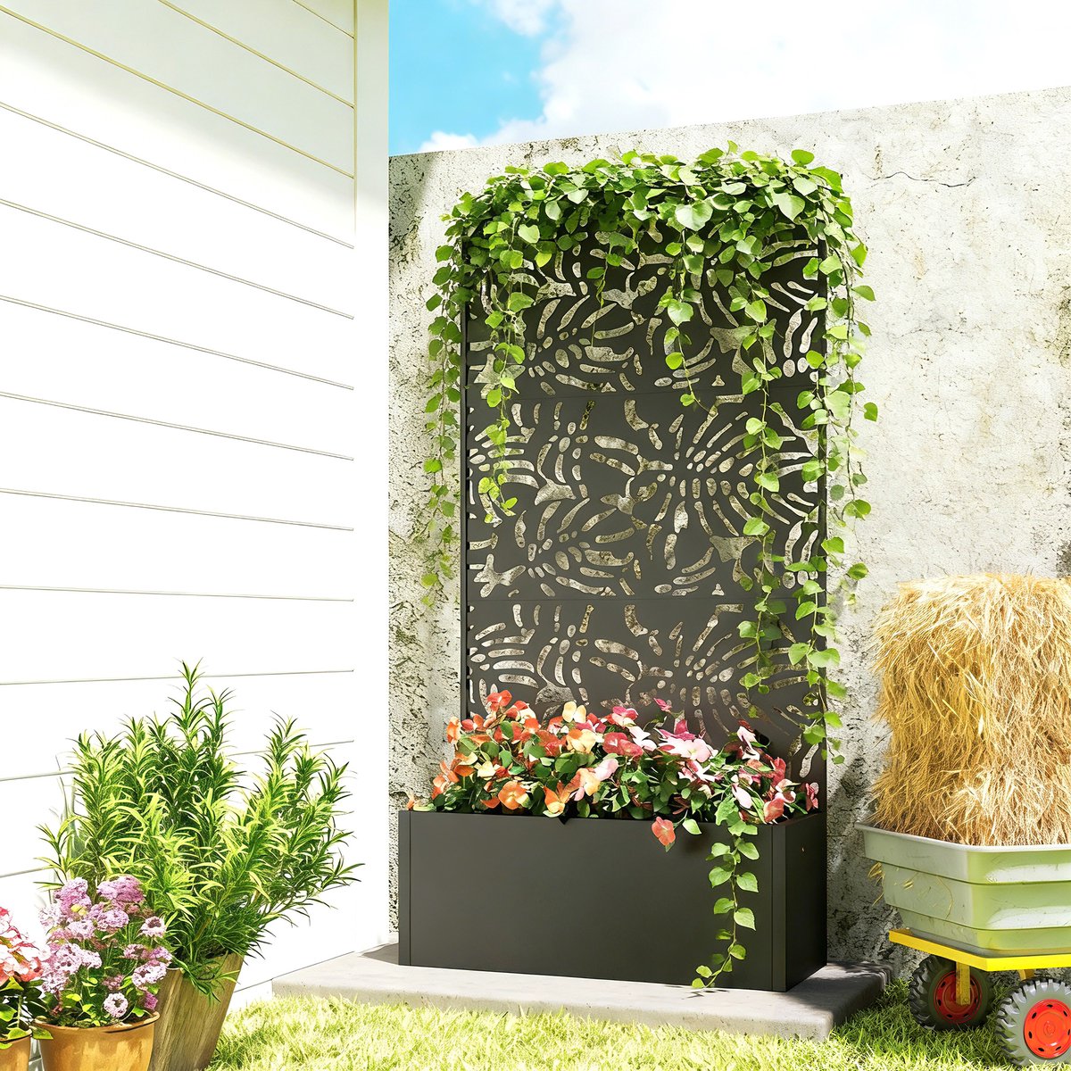 TEKROA® Plantenbak - Bloembak met klimrek, met privacyscherm - voor klimplanten, metaal - 90 x 35 x 180 cm - zwart
