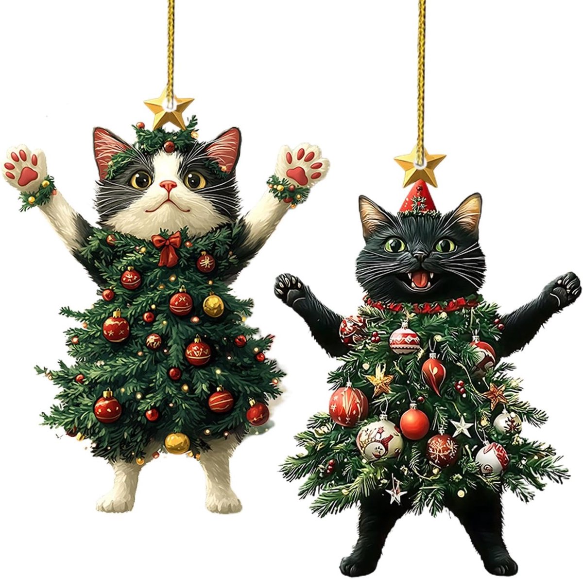 Set van 2 Kerstballen met Kattenmotief - Schattige Hangdecoratie voor Kerstboom en Auto - Feestelijke Ornamenten voor Oud en Nieuw - Leuk Kerstaccessoire voor Binnen