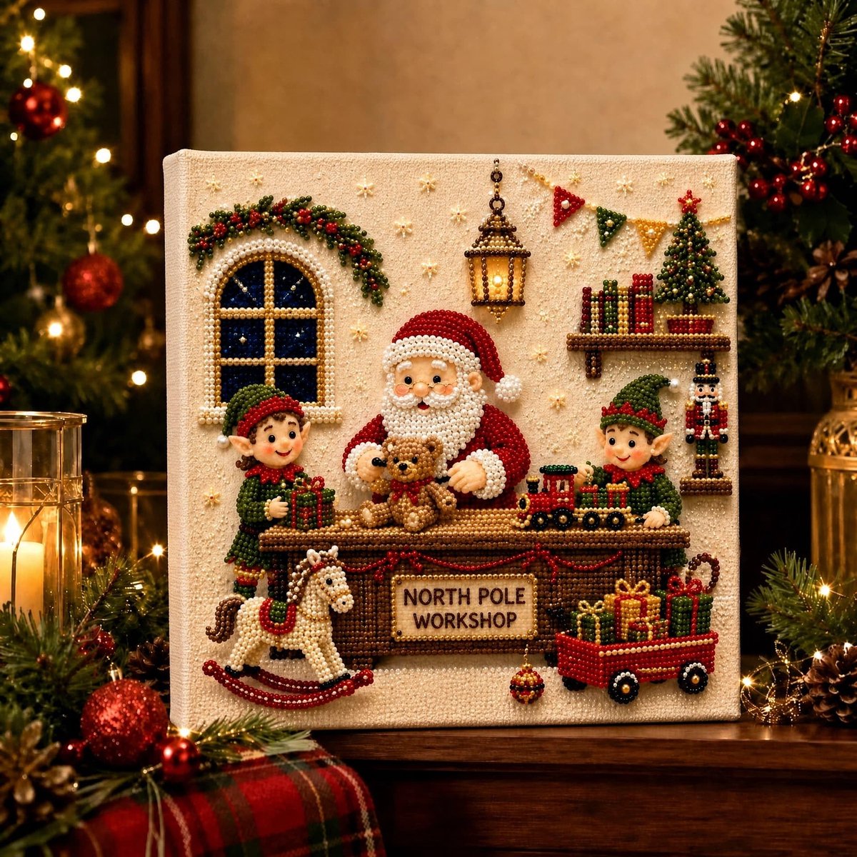 Casalora 3D DIY Kerstman Workshop Parel Diamant Schilderij Kunstset voos Volwassenen & Beginners - 20 x 20 cm