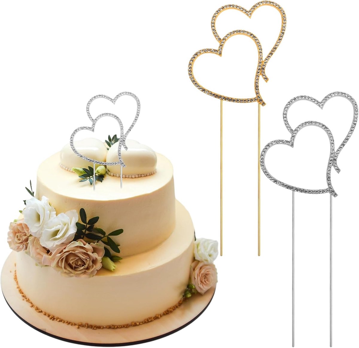 QTTVBTNA – 2 Stuks Taarttoppers met Dubbel Hart – Bruiloft Taartdecoratie met Strass Kristallen – Taartversiering voor Bruiloft, Feest, Jubileum en Valentijn