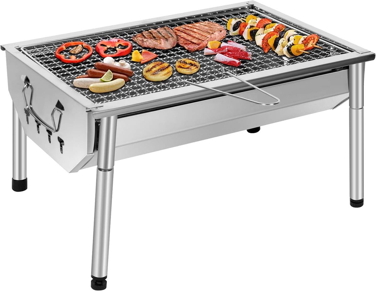 Houtskool BBQ Draagbaar - RVS Campingbarbecue 40 x 28 x 21,5 cm - Opvouwbare Picknickbarbecue met Uitneembaar Grillrooster en Ventilatiegaten - Voor Camping, Tuin, Park en Outdoor