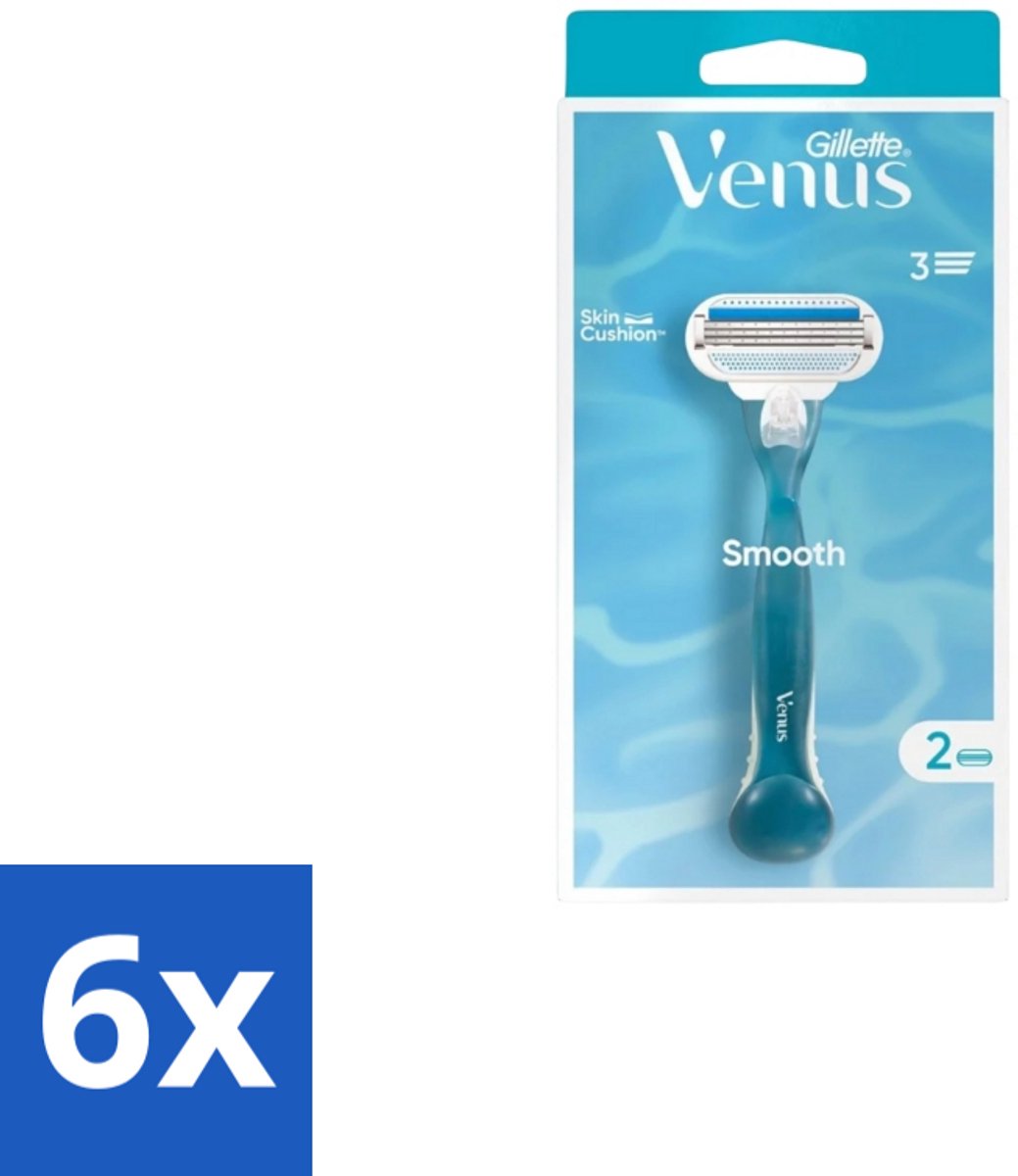 6 x Gillette - Venus Smooth – Rondingvolgende Mesjes – Handvat + 2 Navulmesjes - Scheermesje Vrouw - Huidbescherming - Scheren Voor Vrouwen - Venus SkinCushion - Duurzaam Scheren
