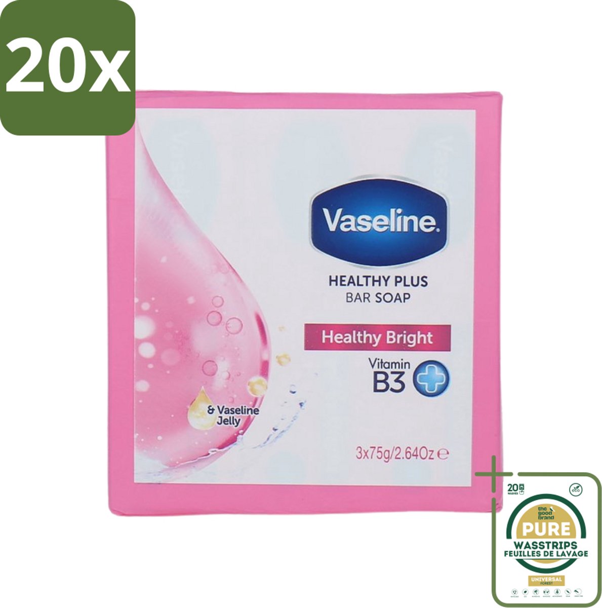 20 x Vaseline - Healthy Bright - Zeeptablet - Reinigend & Verzorgend - 3x75 ml - Grootverpakking - Zeep - Huidverzorging - Reiniging - Gezondheid - Handen