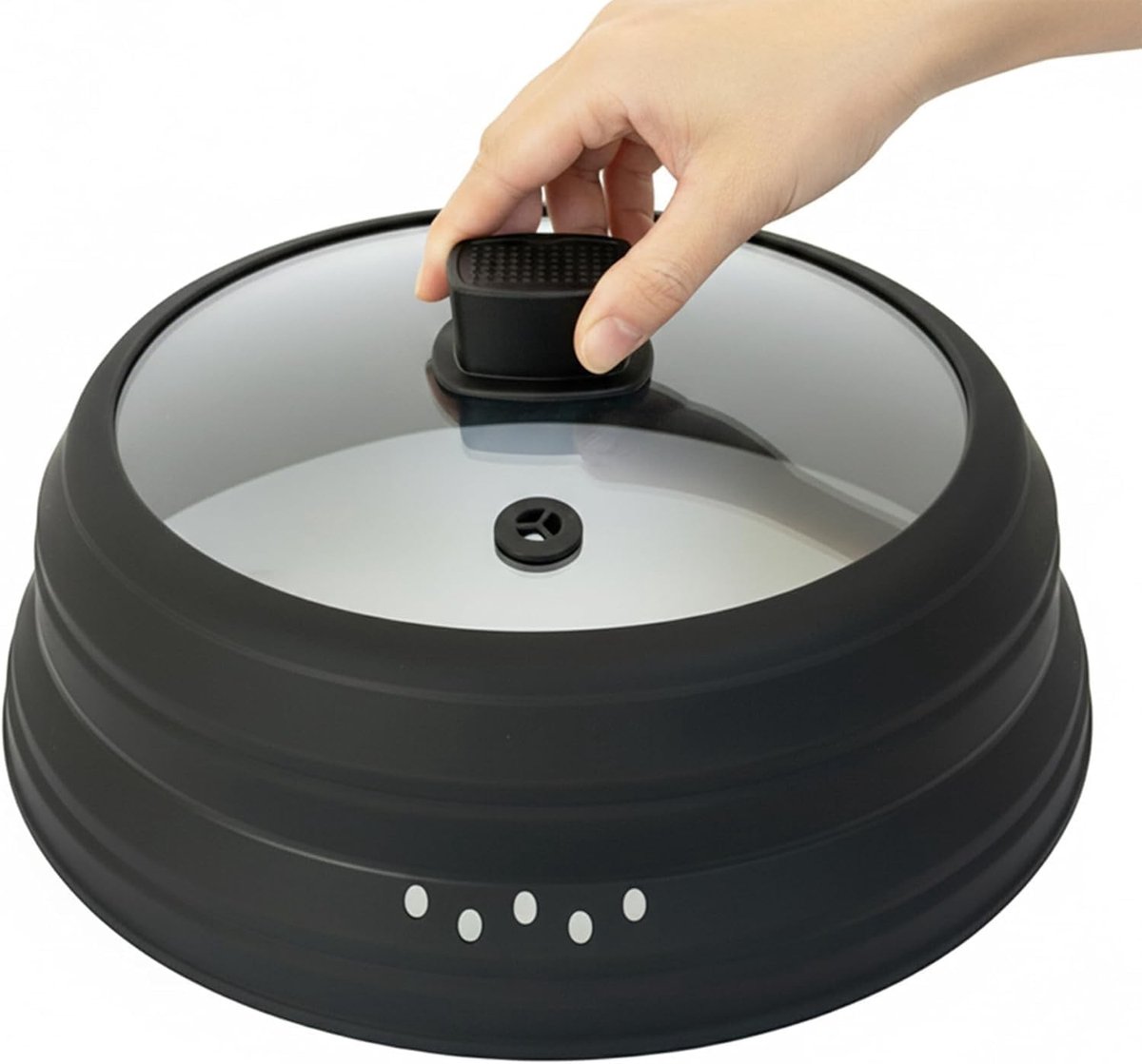 Vouwbare Glazen Magnetron Deksel van 9,8 Inch met Handvat - Silicone Magnetron Spetterdeksel voor Potten, Borden en Schalen (Zwart)