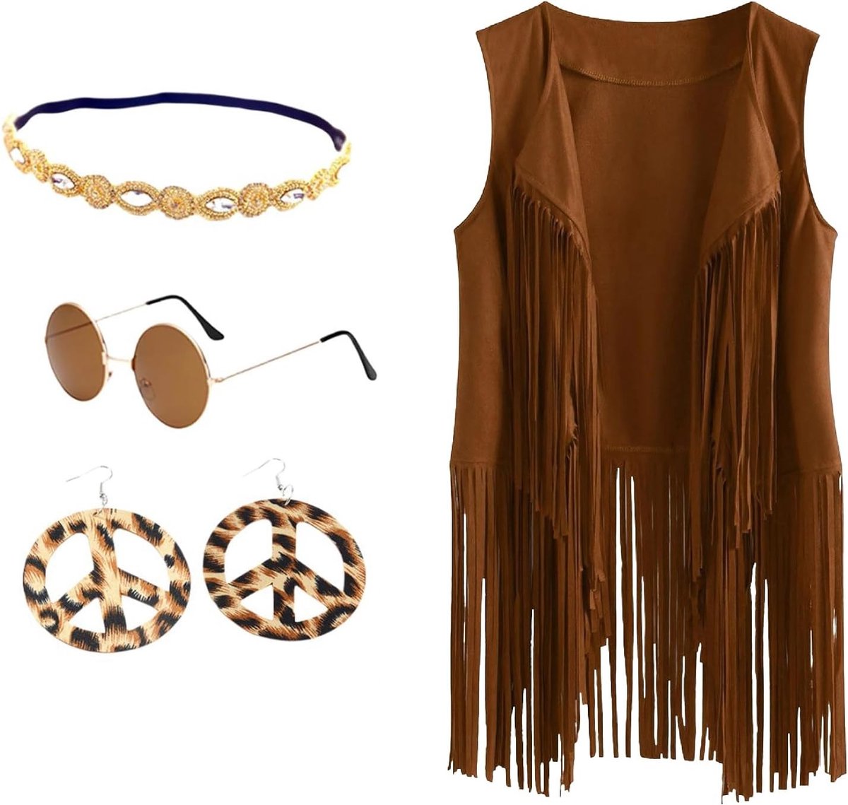 Fringe Cardigan voor Vrouwen - 70s Sleevless Vest voor Carnaval en Halloween - Disco Outfit met Oorbellen, Hoofdband en Zonnebril