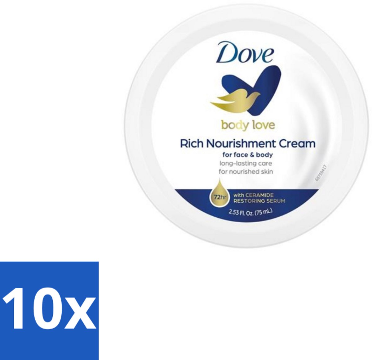 10 x Dove – Bodycrème – Rich Nourishment – 75 ml - Bodycrème - Hydratatie - Droge Huid - Voedende Crème - DeepCare Complex