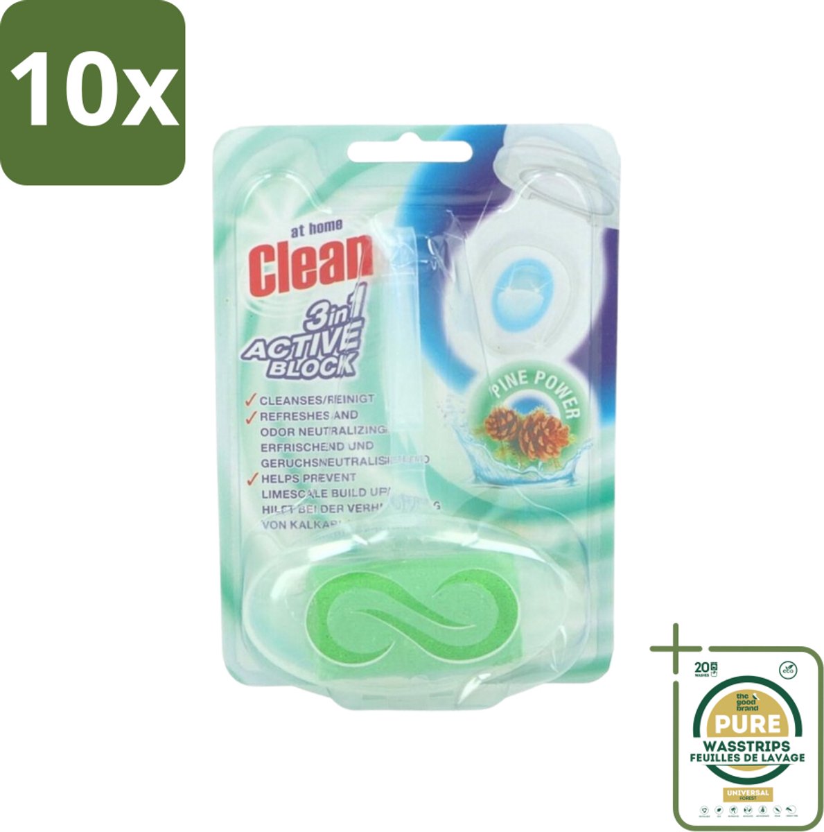 10 x At Home - Clean - Toiletblok - 3in1 Active - Pine Power - Neutraliseert & Reinigt - 1 Blok - Grootverpakking - Toiletblok - Reinigen Toilet - Neutraliseren Geuren - Fris Toilet - Dennenboom Geur