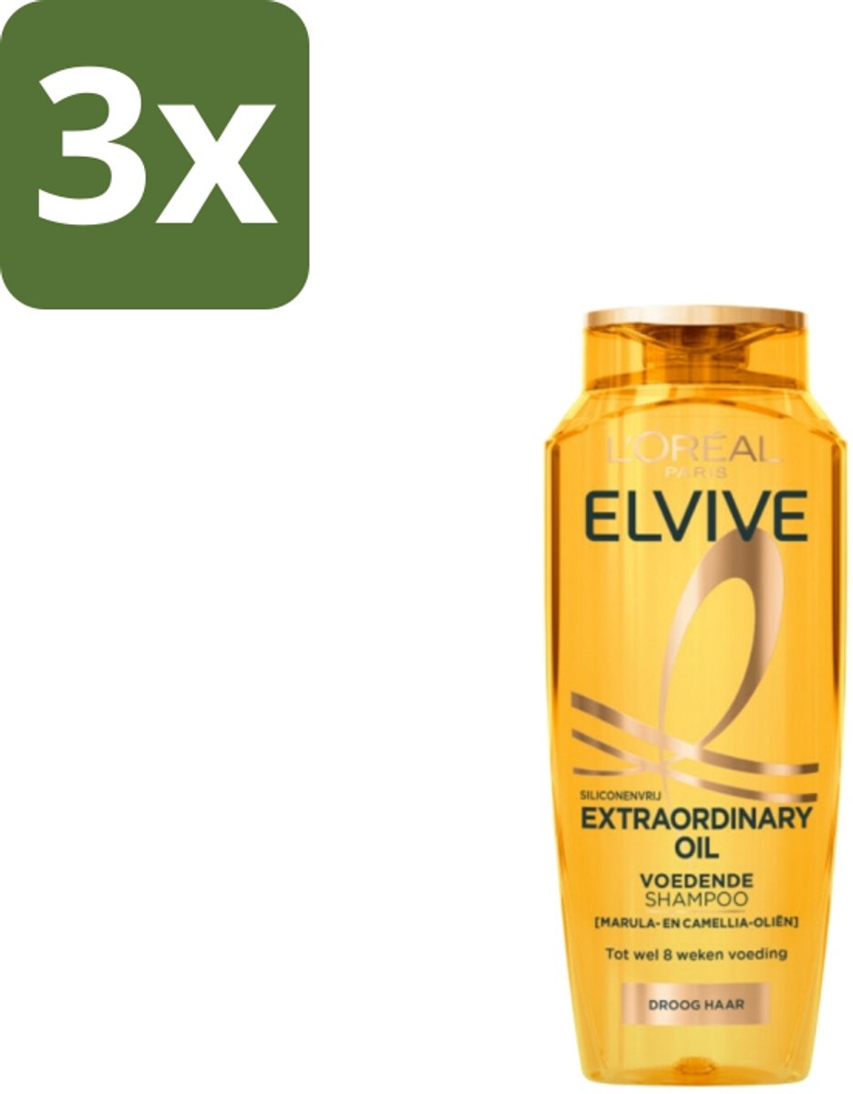 3 x L'Oréal Elvive Extraordinary Oil Shampoo 250 ml - Droog Haar - Intensieve Voeding - Marula-olie - Camellia-olie - Haar Verzorging