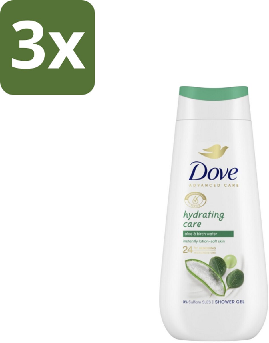 3 x Dove – Douchecrème – Hydrating Care – 225 ml - Douchecrème - Hydratatie - Droge Huid - Aloë Vera - Berkenwater