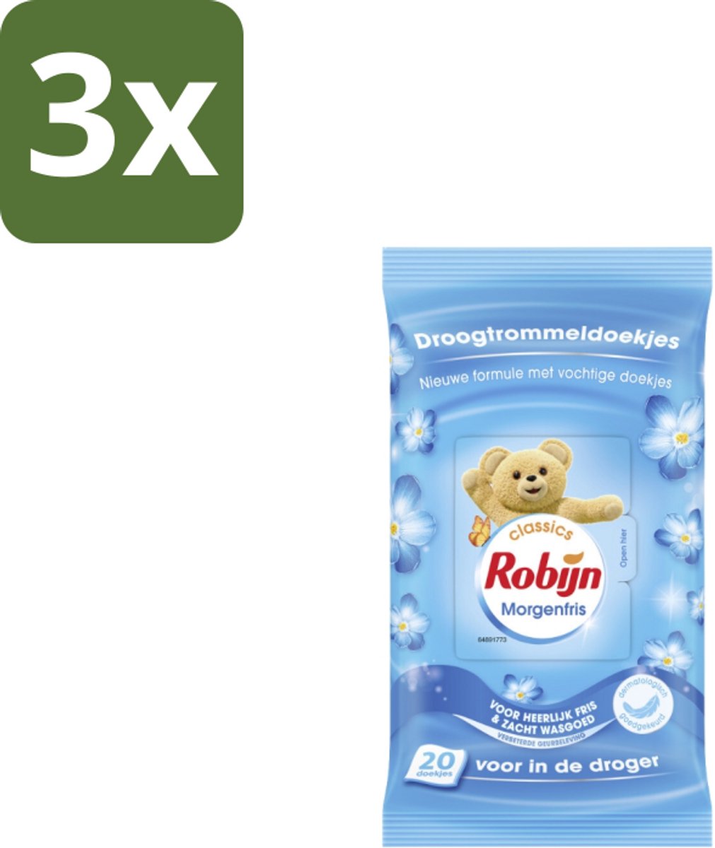 3 x Robijn – Droogtrommeldoekjes – Morgenfris - 20 Doekjes - Droogtrommeldoekjes - Wasgoed Drogen - Frisheid Droger - Wasgoed Verzorgen - Kleding Beschermen