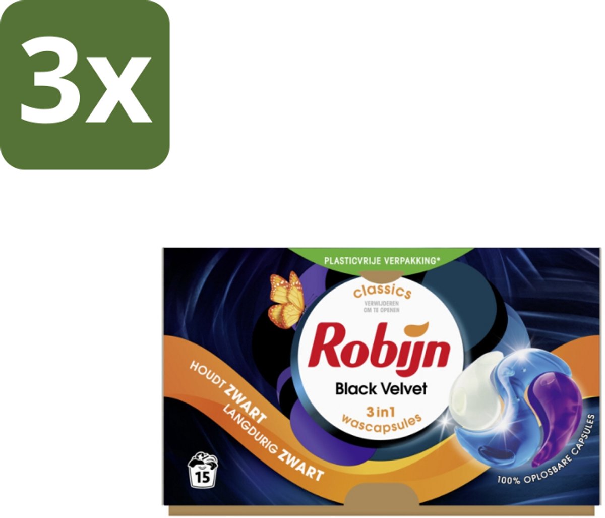 3 x Robijn Wascapsules 3-in1 Black Velvet 15 stuks per verpakking - Zwarte Was - Zwart Kleding - Kleurbehoud - Wascapsules - Black Serum
