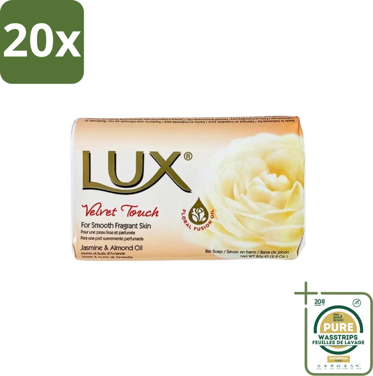20 x Lux - Zeep - Velvet Touch - Hydraterend - Voor Geurige Huid - 80 g - Grootverpakking - Zeep - Hydraterende Zeep - Zijdezachte Zeep - Geurende Zeep - Huidverzorging