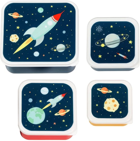 Boîtes à lunch carrées sur le thème de l'espace : fusées, planètes, étoiles, une lune et la Terre.