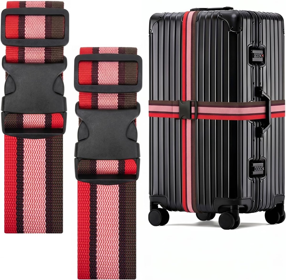Kleurige Kofferspanners 2 Stuks, Verstelbare Bagagestraps tot 250 cm, Stevige en Veilige Luggage Belt voor Reizen en Vliegtuigreizen