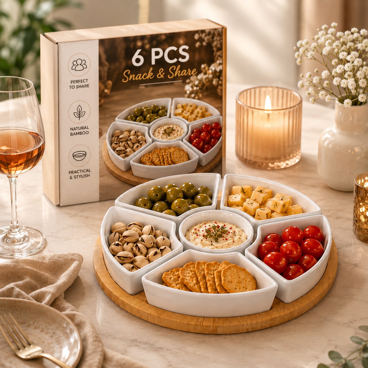 6-delig ronde bamboe en keramiek tapas set 27 cm - hapjes bord met compartimenten en centrale kom