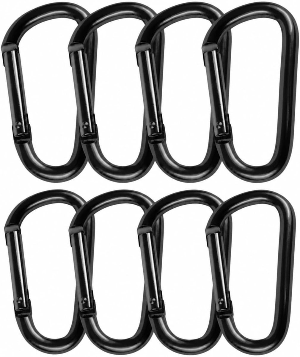 8 stuks robuuste D-clip karabijnhaken van aluminium, ideaal voor hangmatten, camping en outdoor activiteiten, zwart, klein en lichtgewicht