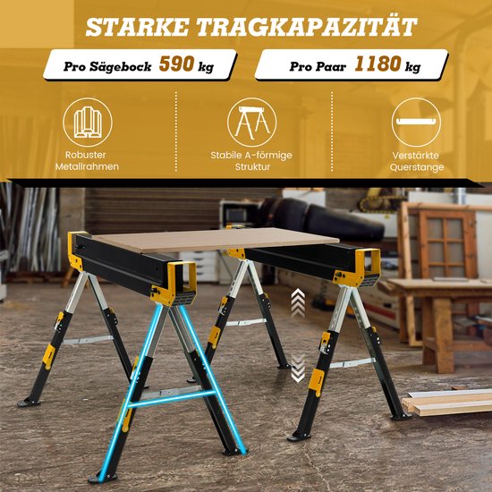 COSTWAY Werkbok, 2 x in hoogte verstelbaar, tot 1180 kg belastbaar, inklapbare zaagbok, antislip pvc-bovenkant, draagbare onderstelbok met handvat, opvouwbare steiger, klapbok, geel + zwart van Costway — afbeelding 3