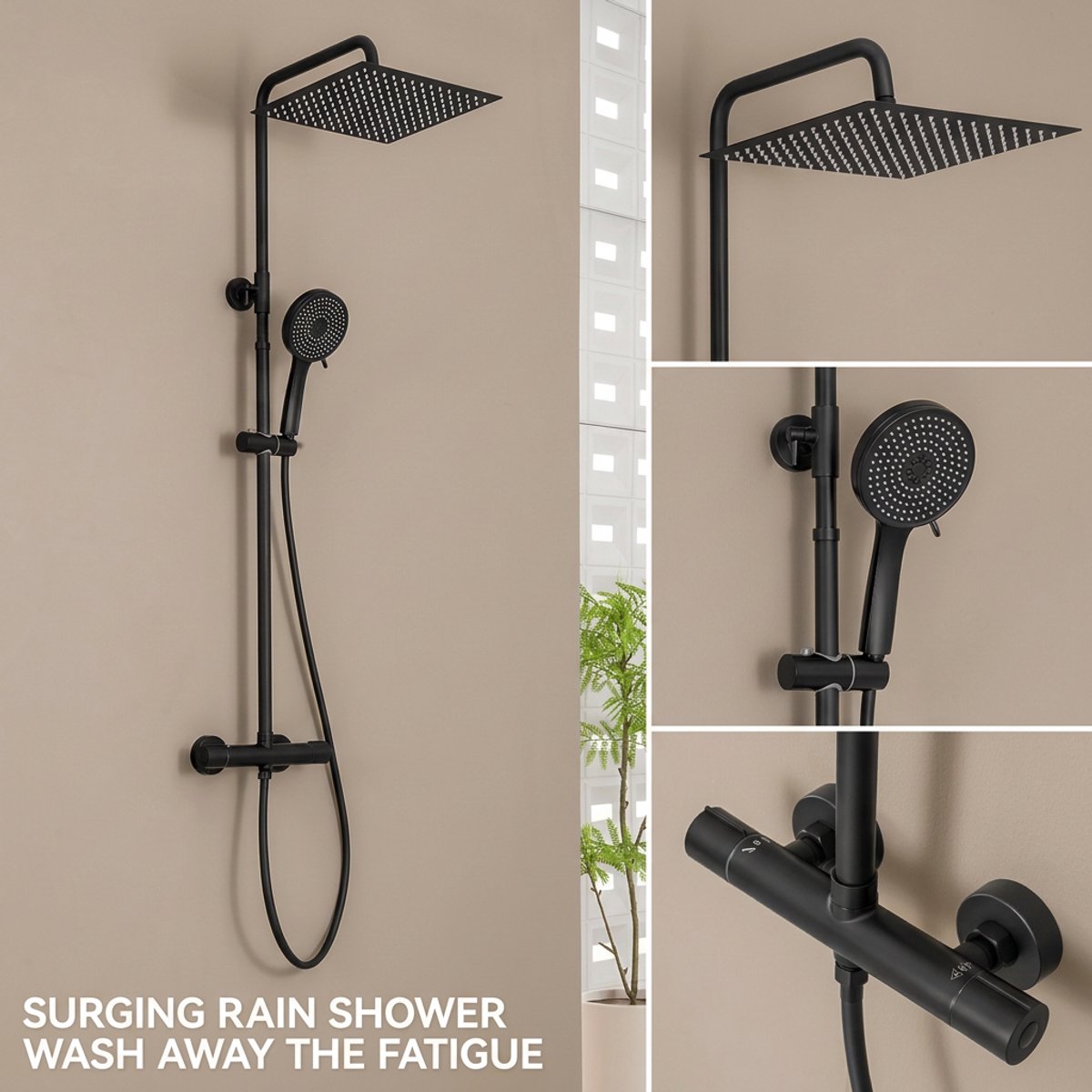 Auralum Max Regendouche met Thermostaatkraan - Zwart Doucheset - 12 inch Douchekop - XXL Vierkant Hoofddouche - 5-Standen Handdouche - Incl 38°c Veiligheidsslot -Verstelbare Hoogte 88 -124 cm - Waterbesparend