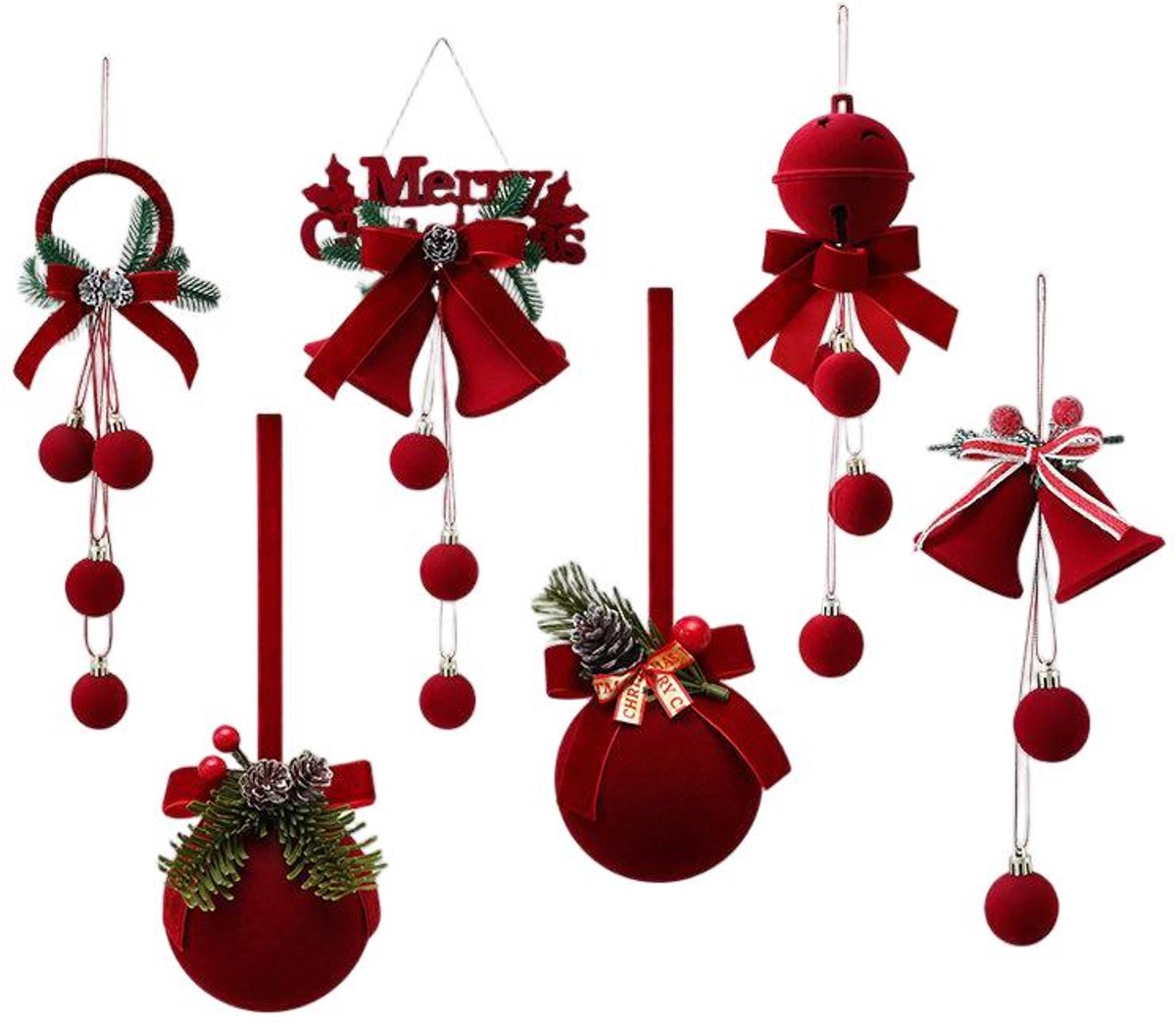 Kersthangdecoratie – Kerstbellen & Kersthangers – 6 verschillende ontwerpen – Voor kerstboom, deur, raam en etalage – Bordeauxrood – 6 stuks