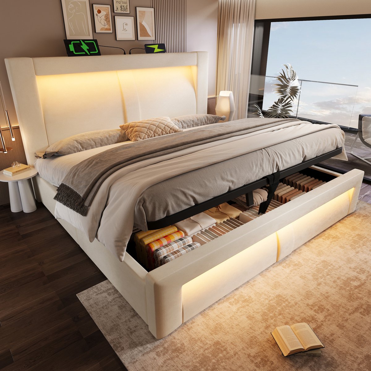 Tweepersoonsbed 180x200 cm met opbergruimte - LED-verlichting - USB- en Type-C-oplaadpoorten - gebogen hoofdeinde - beige - zonder matras