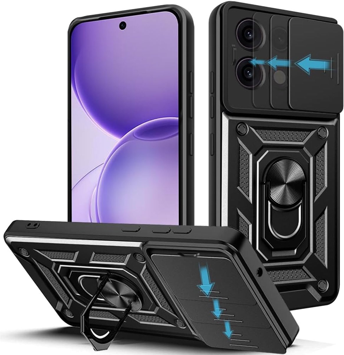 Zandarix Hoesje Geschikt voor Oppo Reno 16 F / FS - Camerabescherming - Ringhouder - Hard PC - Schokbestendig - Kickstand - Back Cover Hoesje - Zwart