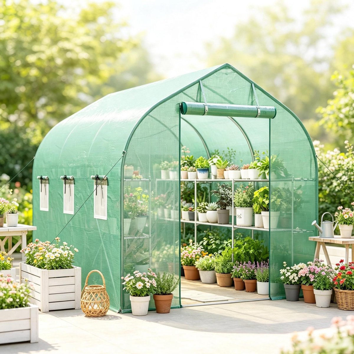 OKWISH Kweektunnel Met Planken 198 X 293 X 194 Cm Met Roldeur En 6 Ramen Voor Groente En Fruit Van Verzinkt Staal En PE Groen