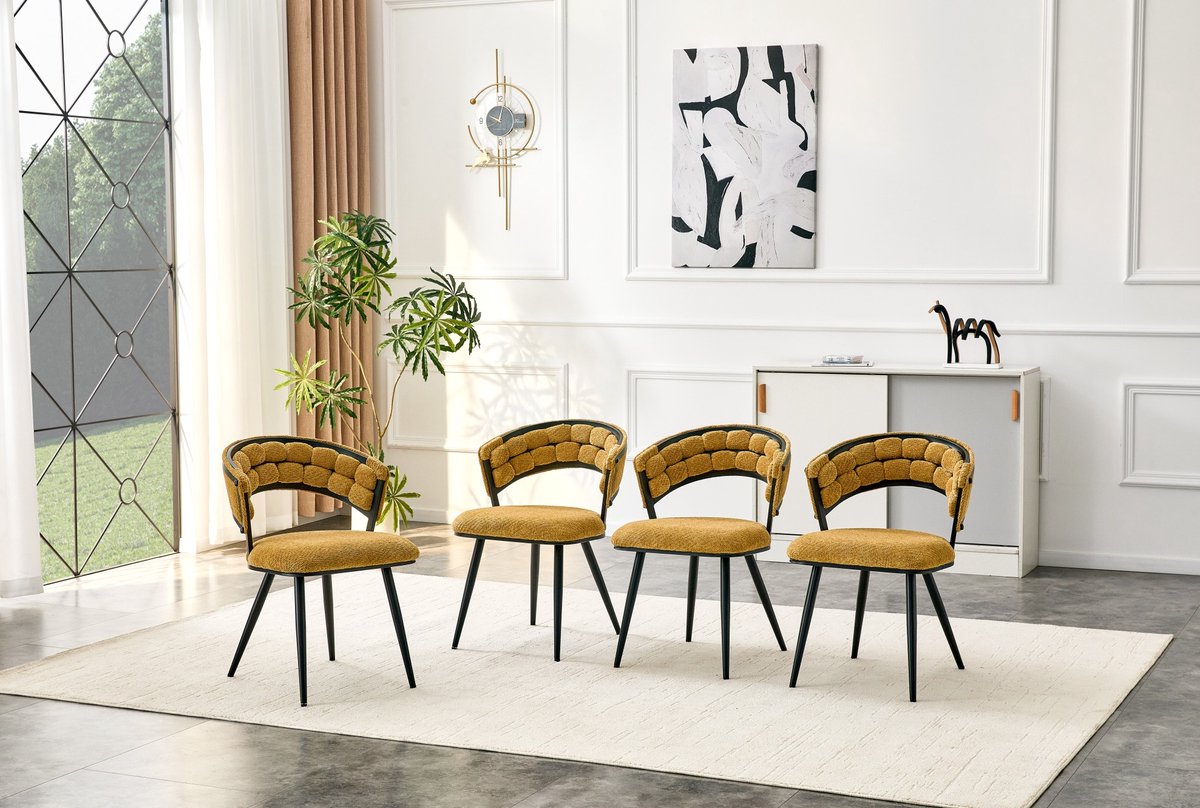 DESMIU Eetkamerstoel Set Van 4 78 Cm - Luxe Geel Fluweel Met Zwart Metalen Onderstel - Moderne Kuipstoel Voor Eetkamer Woonkamer En Slaapkamer