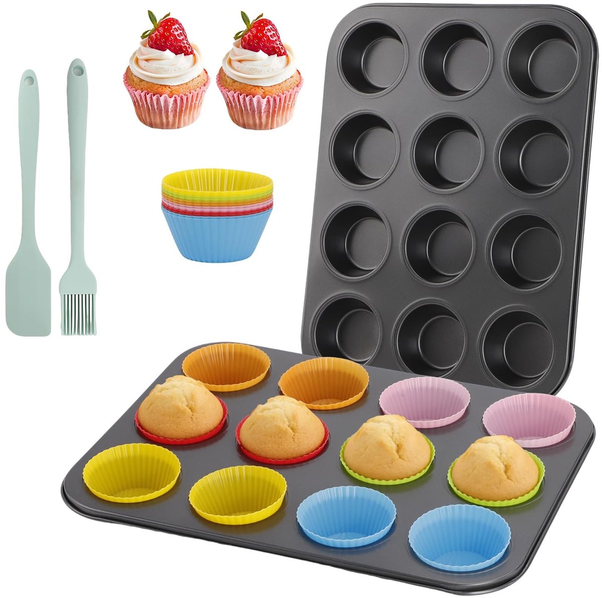 Elzusha - Muffin Bakvorm Set - 12 Muffins - Siliconen en Koolstofstaal