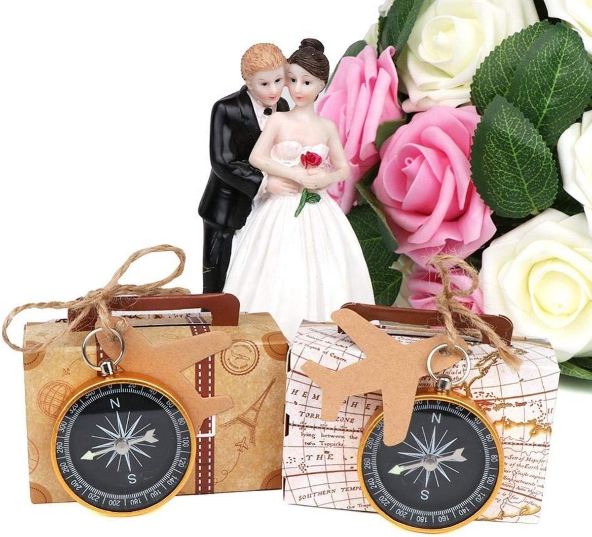 Elzusha - Set van 10 Compassen met Koffers en Kraft Kaarten voor Feestjes