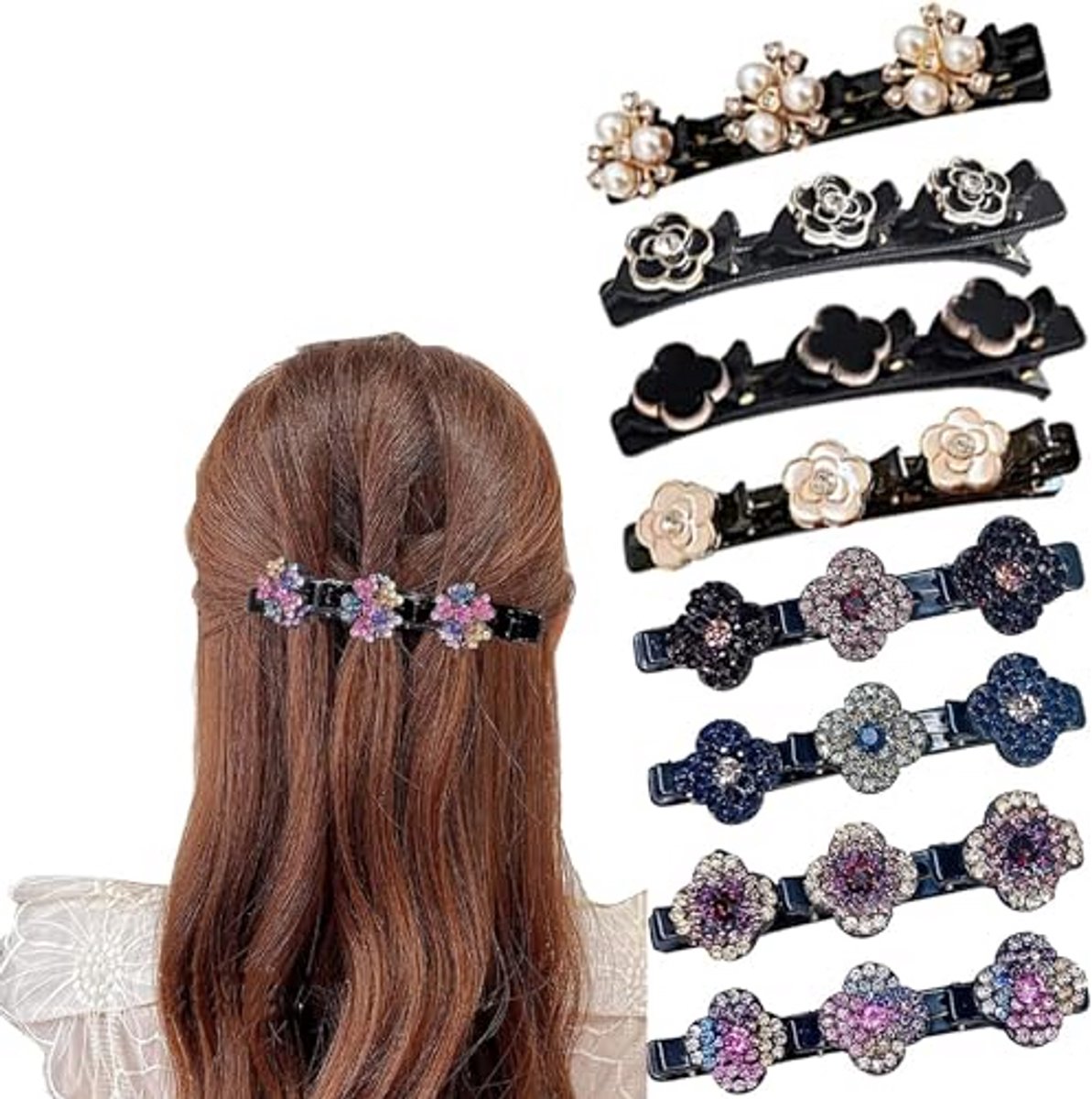 8-delige Haarspeldenset met Bloemmotief en Kristallen, Vlechtclips voor Dik en Fijn Haar, Haaraccessoires voor Dames en Meisjes