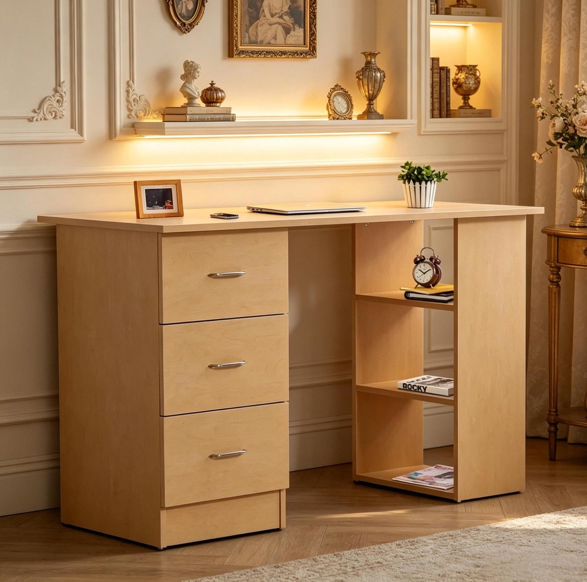 Stilvora Bureau Modern Computerbureau Met 3 Laden En Open Vak Flexibele Indeling Voor Thuis Kantoor En Slaapkamer Licht Hout MDF 120 X 49 X 72 Cm