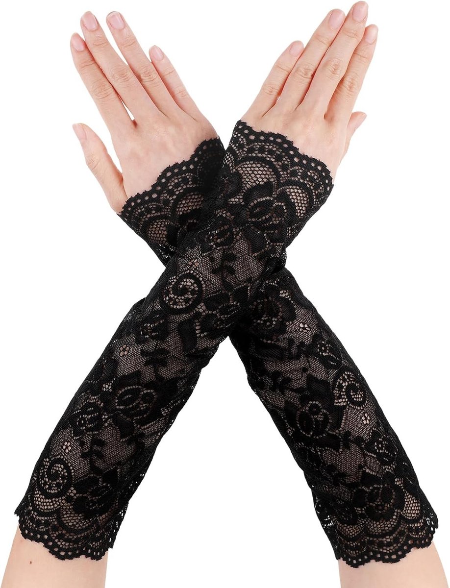 Elegante Zwarte Lange Kanten Handschoenen tot 30 cm voor Bruiloft en Feestjes - Ademend en Comfortabel Accessoire voor Ball Gowns en 20s Festivals