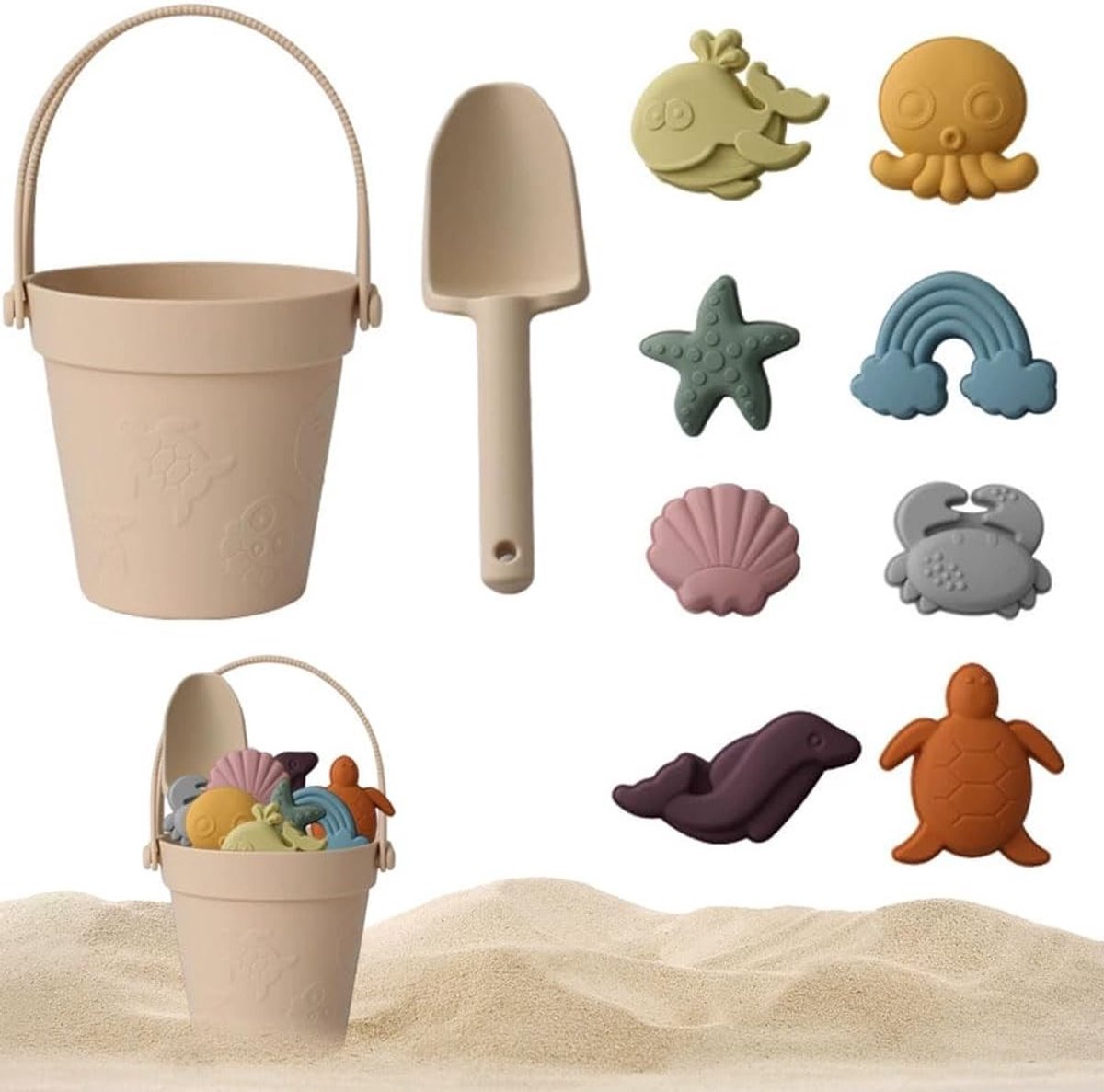 Zand Speelgoed Set voor Kinderen - 11-delige Set met Emmer, Zandscheppen, Mallen en Mesh Tas voor Buitenactiviteiten en Strandplezier