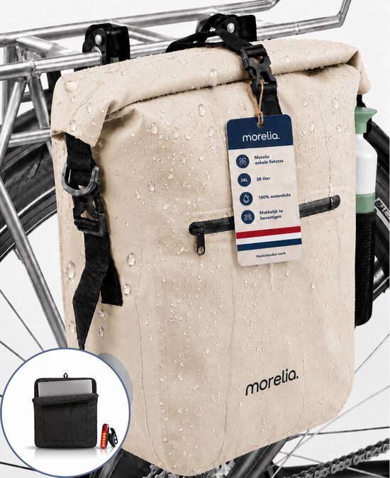 Beige waterdichte fietstas van Morelia met een capaciteit van 28 liter. De tas heeft een rolsluiting en is makkelijk te bevestigen.
