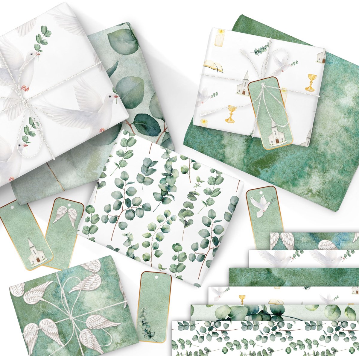 Elzusha - Cadeaupapier Set - 6 Vellen Eucalyptus Design met Labels