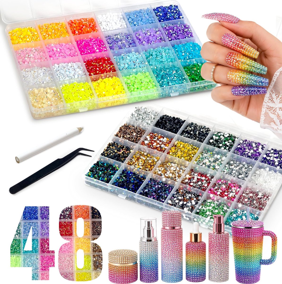 Elzusha - Strass Steentjes Set met 48 Kleuren voor Nageldecoratie