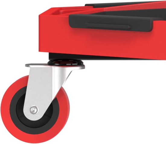 Detail van een rood wiel en metalen steun van een werkplaatskruk.